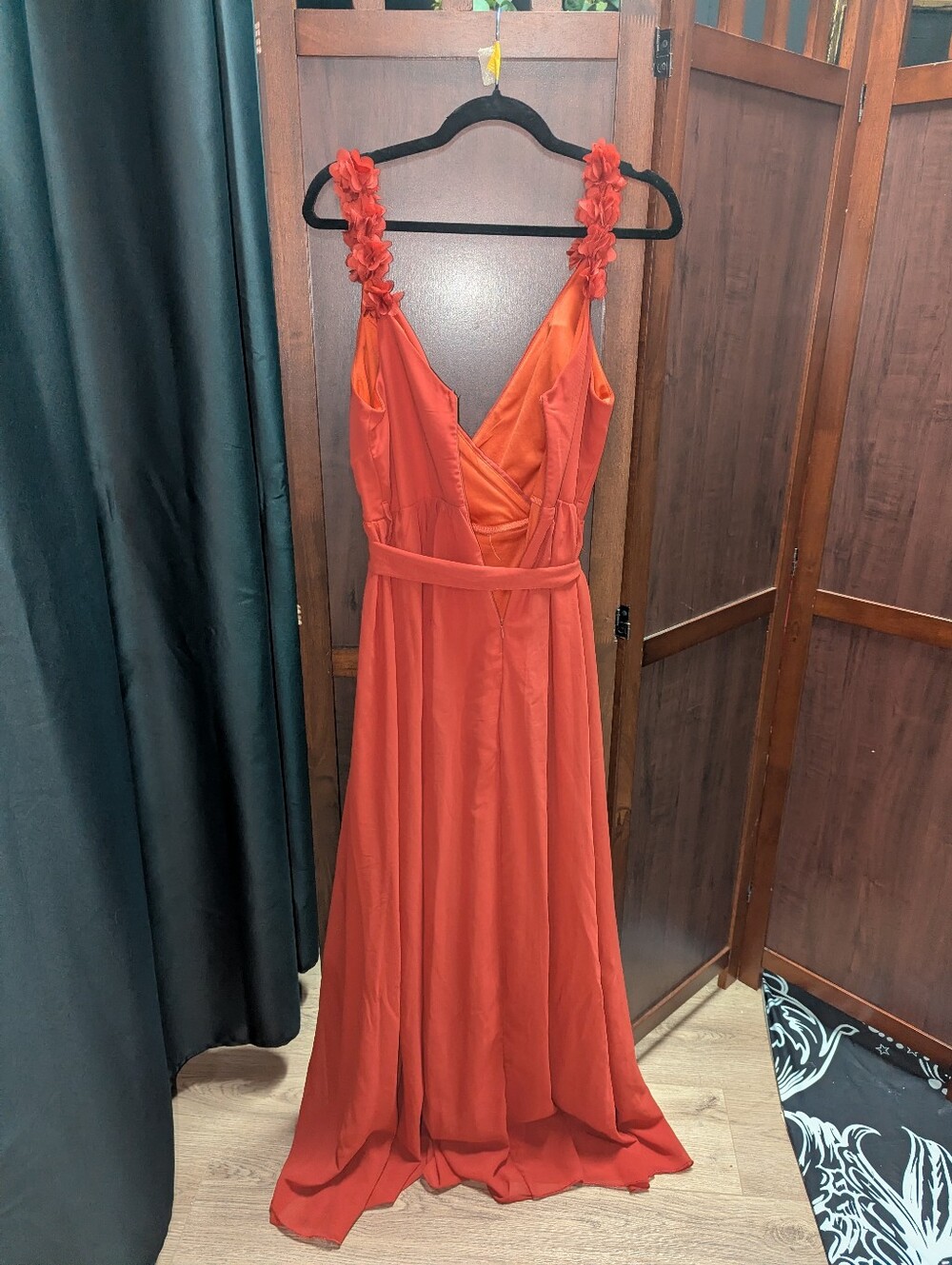 Rust Red Floral-Shoulder Maxi Dress with Tie Waist